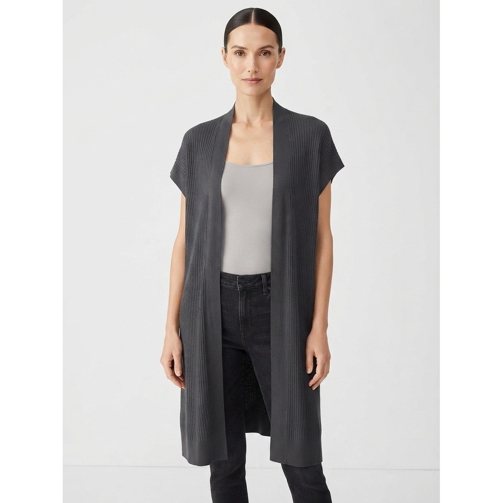 Eileen Fisher Tencel Ribbed Long Cardigan Vest Dark Charcoal Grey Small Medium